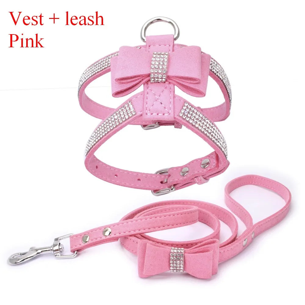 Luxury Rhinestone Pet Harness with Soft Suede Bow - Adjustable Crystal Bling Dog Harness