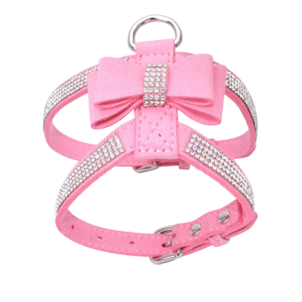 Luxury Rhinestone Pet Harness with Soft Suede Bow - Adjustable Crystal Bling Dog Harness