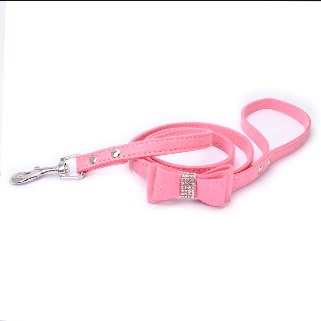 Luxury Rhinestone Pet Harness with Soft Suede Bow - Adjustable Crystal Bling Dog Harness
