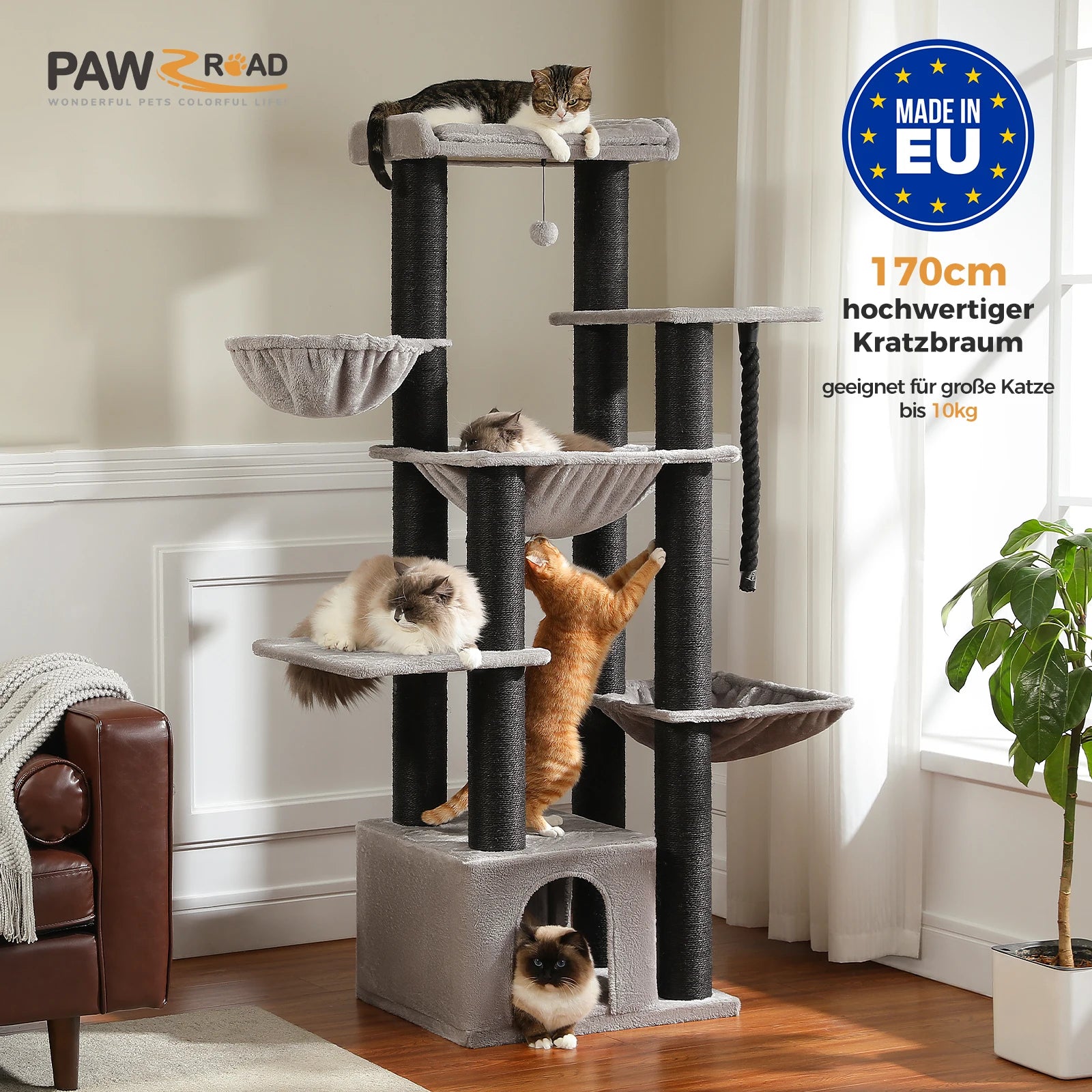 ClawTower 3-Tier Cat Scratching Post with sisal and hideaway